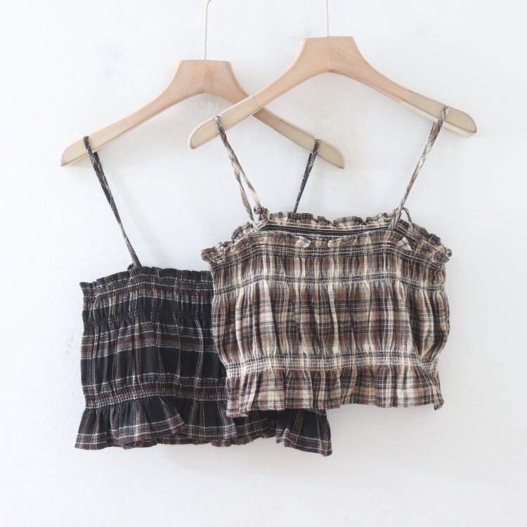 P050108日单新款客供料花边弹力松紧好搭配女格子可调节吊带背心