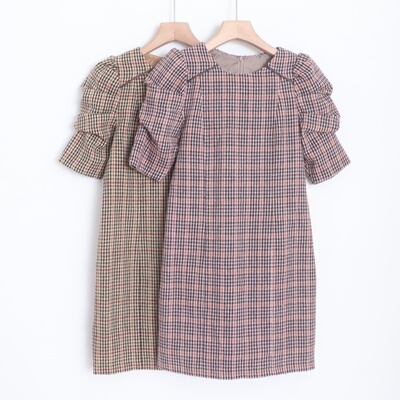 D16062日单贵牌客供料拉链圆领套头修身女气质泡泡袖千鸟格连衣裙