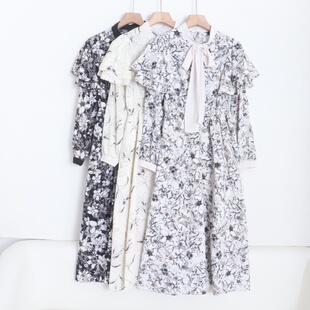 D110116日单新款 门襟扣蝴蝶结系带松紧腰显瘦女气质印花长连衣裙