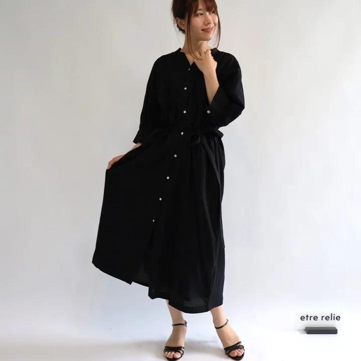 B05081日单新款客供料1.98W单排扣宽松女纯棉气质系腰带长连衣裙