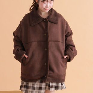 D05090日单1.4W 翻边领按扣宽松保暖女休闲皮毛一体外套 秋冬新款