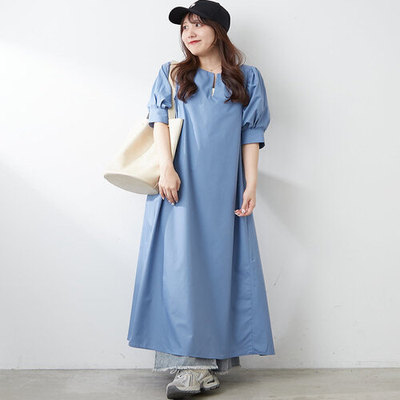 D080110日单NC客供料简洁小V领套头宽松显瘦女纯色气质短袖连衣裙
