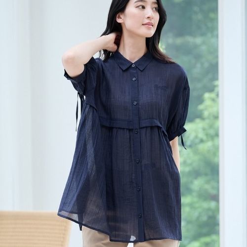 B01053日单夏季新款天丝料单排扣宽松显瘦女气质抽绳系带短袖衬衫