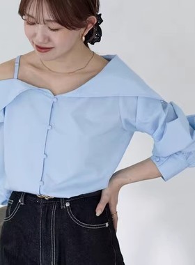 D11074日单新款客供料单排扣不规则翻边领微宽松女气质长袖衬衫