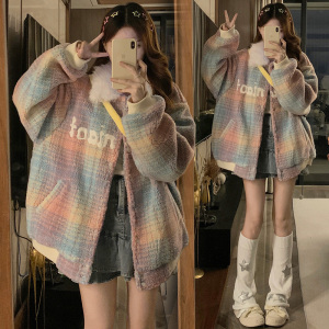 彩色拼接宽松羊羔毛棉服女士2023冬季小众设计感减龄保暖棉衣外套