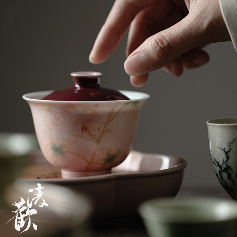 清欢丨苍烟红釉下彩手绘月季花盖碗 手工薄胎陶瓷泡茶碗功夫茶具
