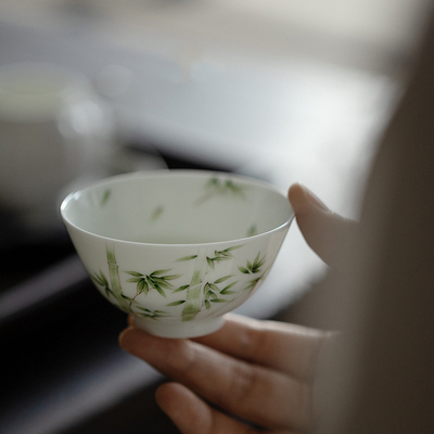 清欢丨釉上手绘竹风歌白瓷茶杯 主人杯单杯家用品茗杯 玉泥茶杯