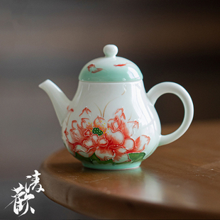 玉泥白瓷釉下彩手绘莲花陶瓷茶壶 清欢 家用带过滤泡茶壶手执壶