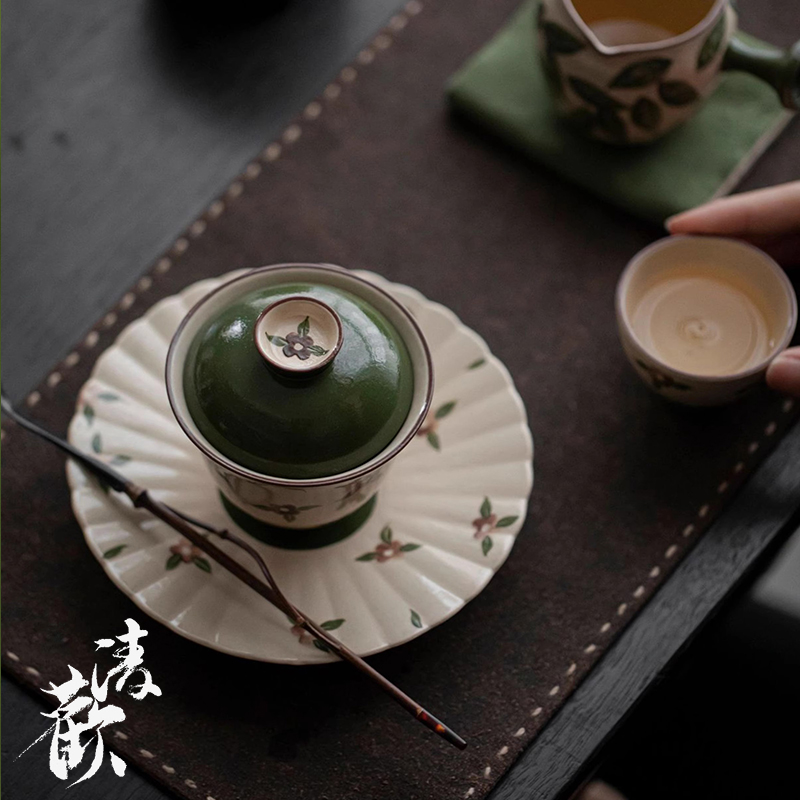 景德鎮花卉元寶高溫蘋果綠蓋碗