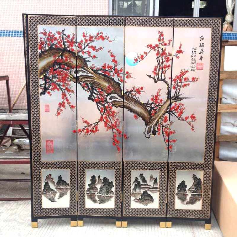 至高美四扇屏风手工彩绘金箔红黄梅报春图酒店家具直播装饰背景墙