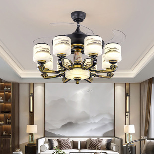 新中式风扇灯客厅吊扇灯隐形复古电风扇吊灯家用餐厅玉石吊灯8871