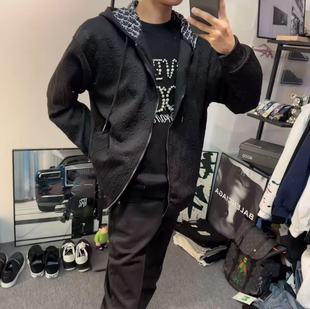 上衣宽松休闲百搭情侣 连帽长袖 潮牌新款 提花拼接保暖卫衣男秋冬款