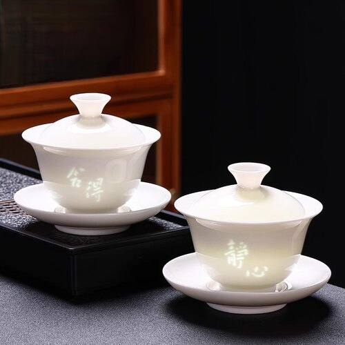 羊脂玉瓷三才盖碗茶杯特大号陶瓷泡茶碗白瓷功夫茶具悬停茶碗带盖