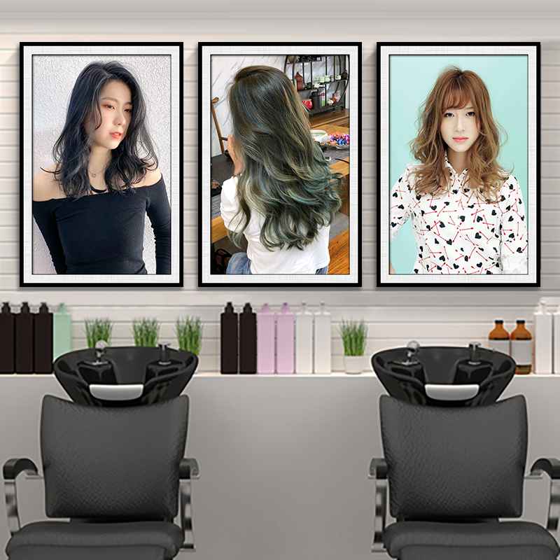 新款时尚女烫染卷发型海报性感美女图片挂画理发店墙壁画玻璃贴纸