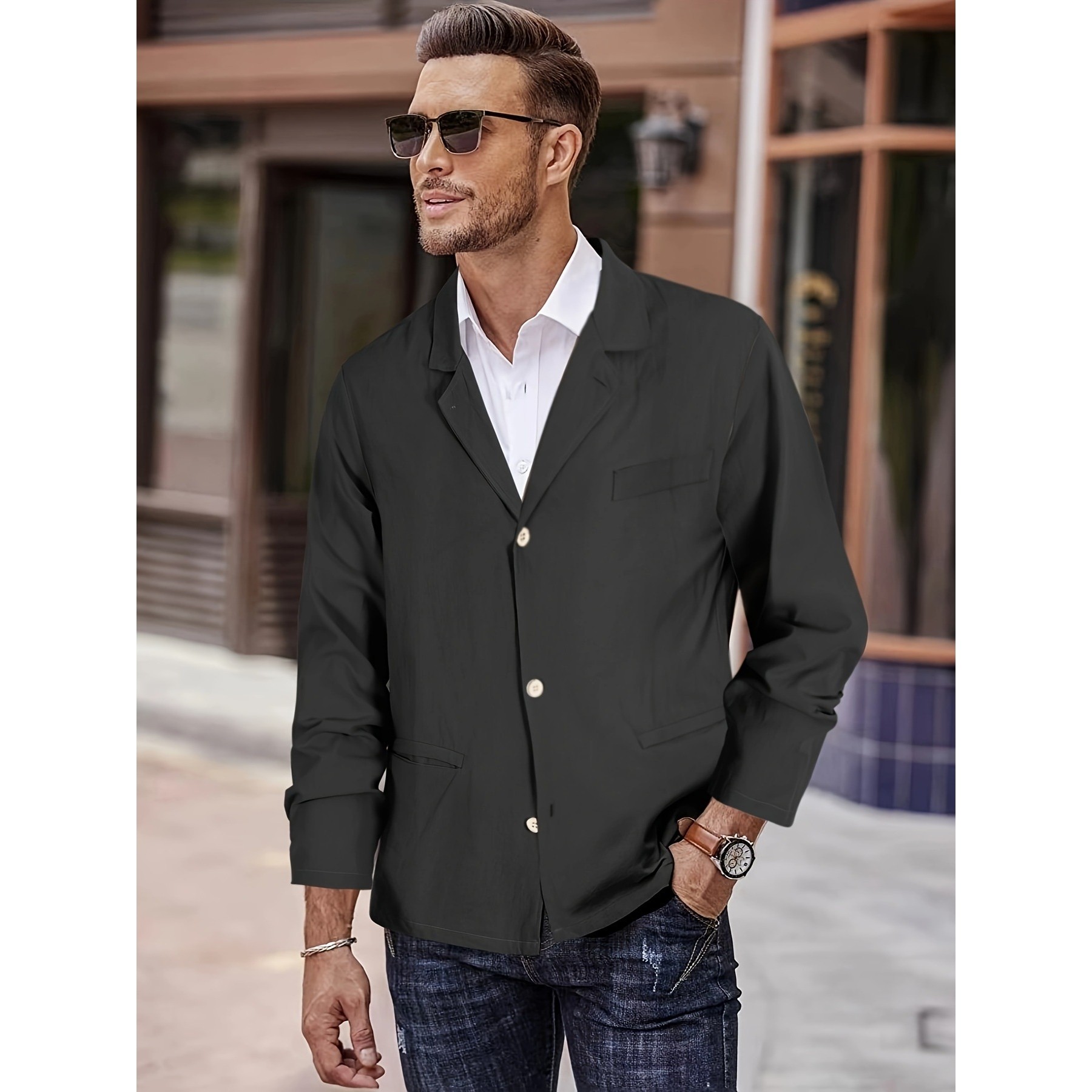 跨境男装欧美亚马逊男士夹克外套爆款纯色棉麻时尚休闲度假男上衣