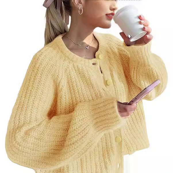 2025秋冬新款跨境亚马逊针织衫欧美宽松慵懒风纯色长袖开衫毛衣女