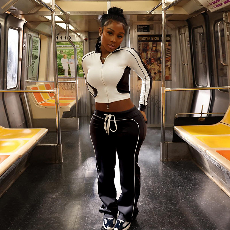 欧美风2024秋冬新款个性气质休闲运动风拼色紧身拉链修身裤套装女