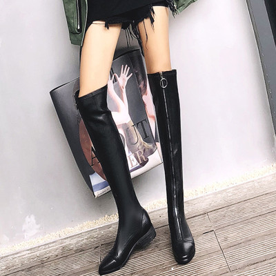 真皮女靴清仓 过膝长靴女英伦风显瘦长筒尖头内增高平底高筒靴子