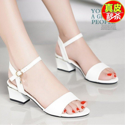凉鞋女粗跟夏天软底舒适中跟一字带扣气质百搭上班真软皮高跟凉鞋