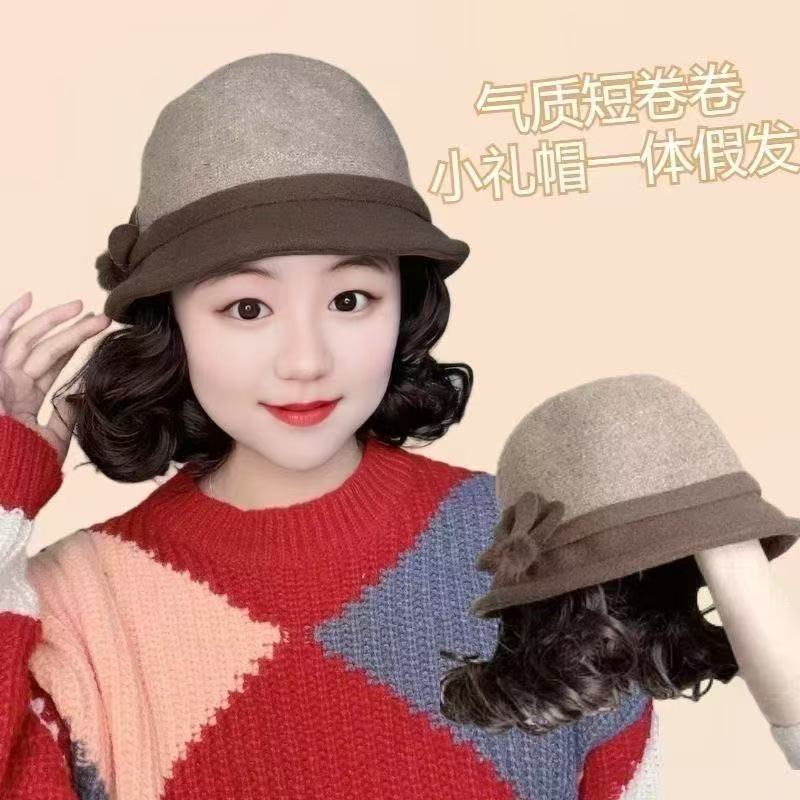 假发一体帽子女秋冬洋气渔夫帽短卷发全头套时尚妈妈款帽子假发