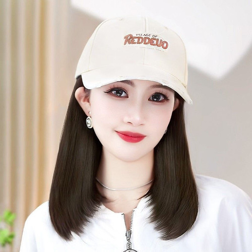 RED刺绣帽子假发一体女齐肩短发波波头假发帽子显脸小棒球帽假发