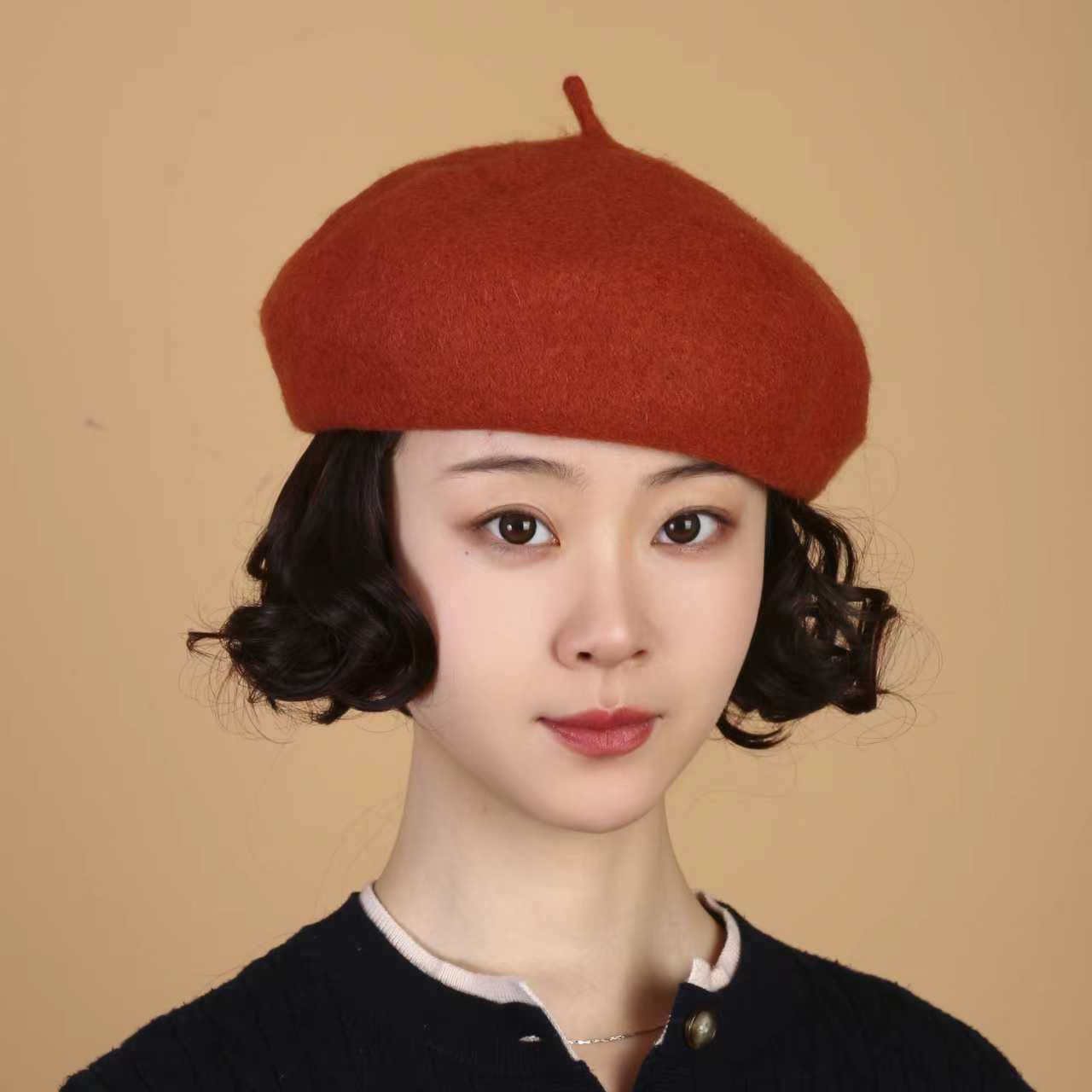 新品时尚帽子假发一体女秋冬毛呢贝雷帽仿真短卷发假发自然假发帽