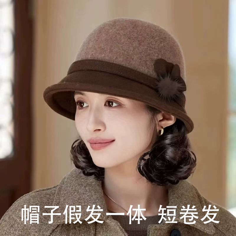帽子假发一体秋冬时尚毛呢小礼帽加厚保暖渔夫帽慵懒短卷发假发套