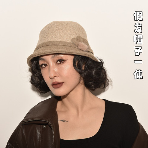 时尚帽子假发一体加绒加厚保暖羊毛呢盆帽秋冬款洋气百搭妈妈假发