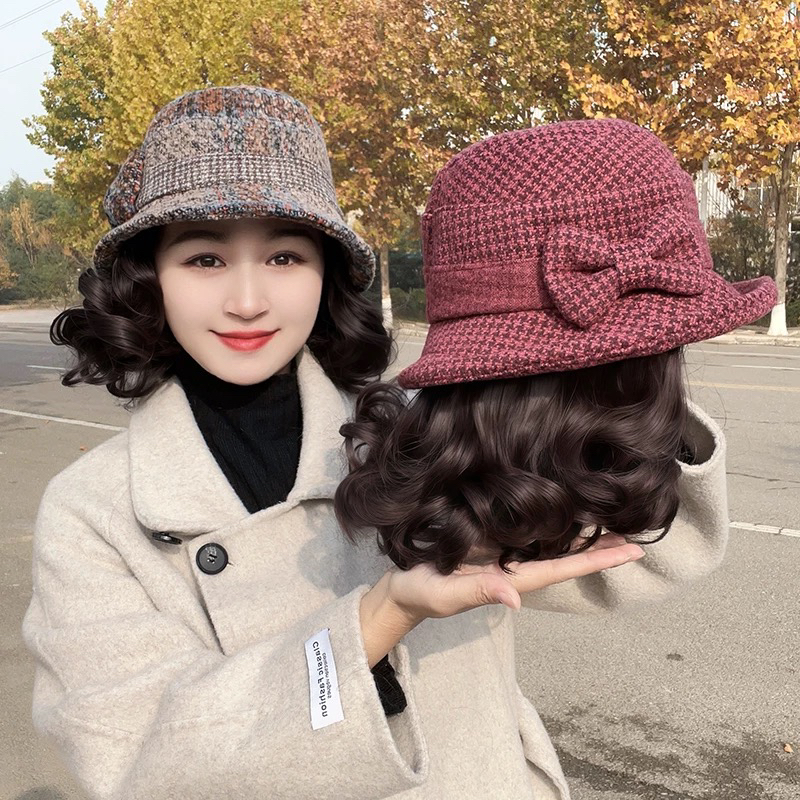 帽子假发一体女秋冬季中老年妈妈保暖渔夫盆帽时尚短卷发假发帽