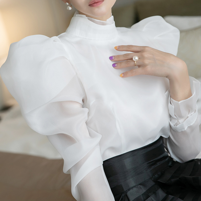 新款气质泡泡袖立领衬衫复古