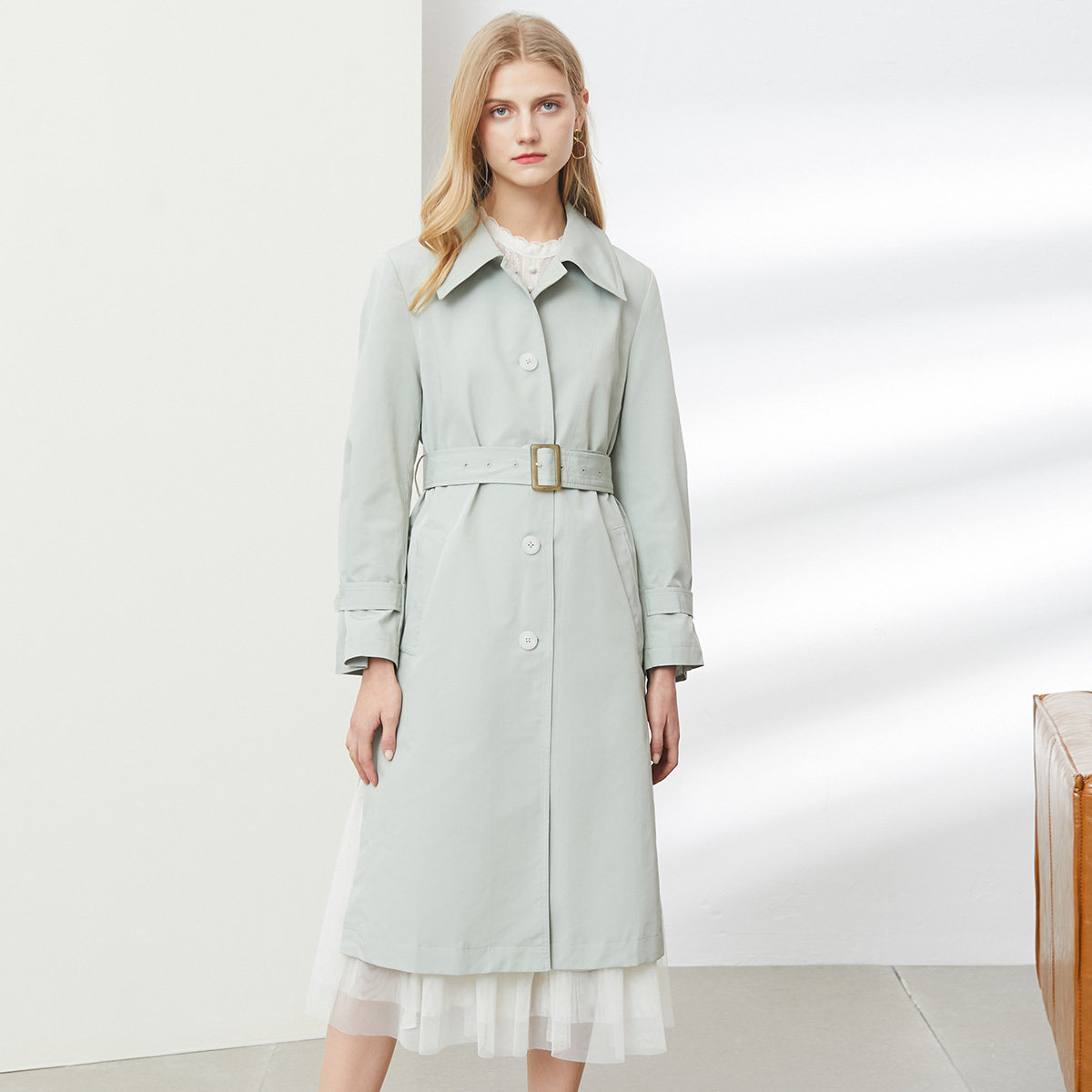 NAWain/纳纹风衣女中长款2020春新款女士英伦风双排扣小个子外套