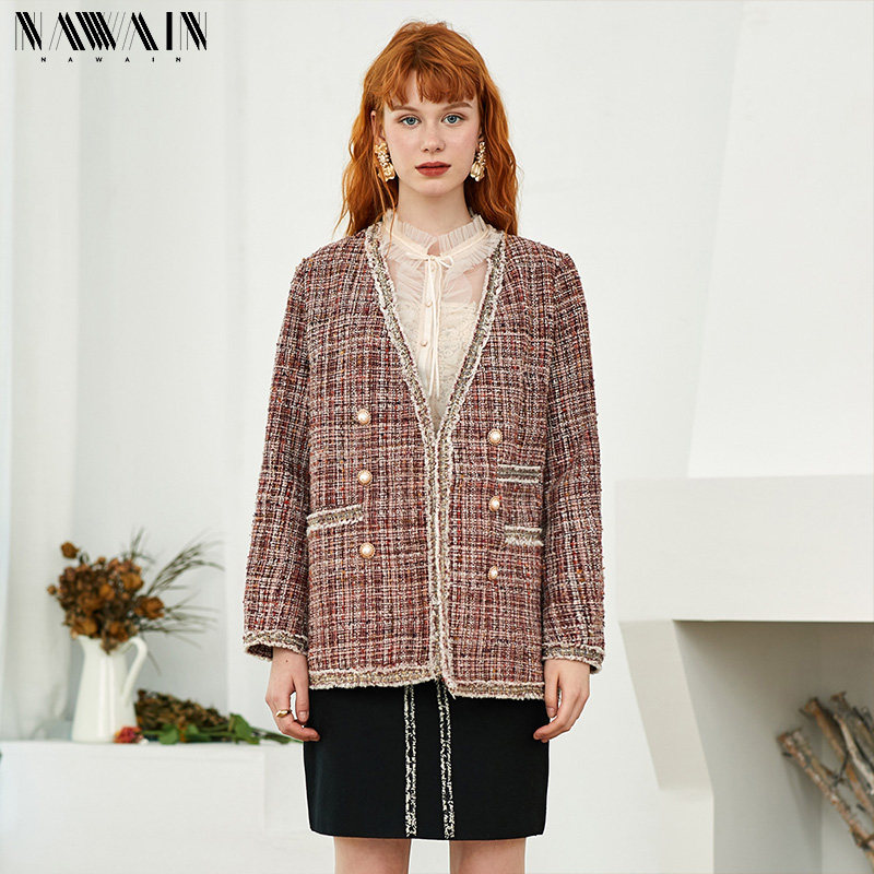 NAWain/纳纹春秋新款女装小香风粗花呢短款珠扣装饰V领外套女