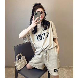 欧洲站夏季新款盐系炸街运动服套装宽松t恤短裤两件套