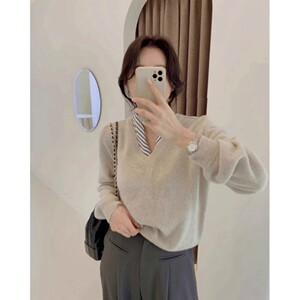 法式Two Wishes长袖v领针织衫女款秋季内搭打底衫设计感小众上衣