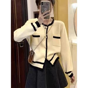 法式Two Wishes 高级气质撞色针织开衫女小香风外穿软糯毛衣外套