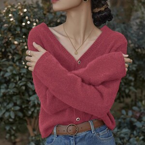 法式Two Wishes树莓粉色V领针织开衫外套女春秋季慵懒风毛衣上衣
