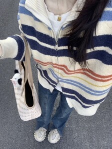 法式Two Wishes慵懒风彩虹条纹复古立领拉链毛衣开衫外套针织女