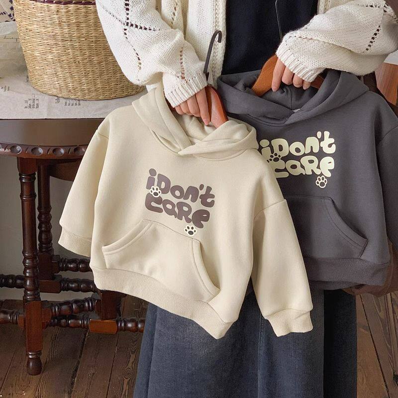 韩系男女童一体绒连帽卫衣秋冬2023新款加绒中小童休闲百搭上衣潮