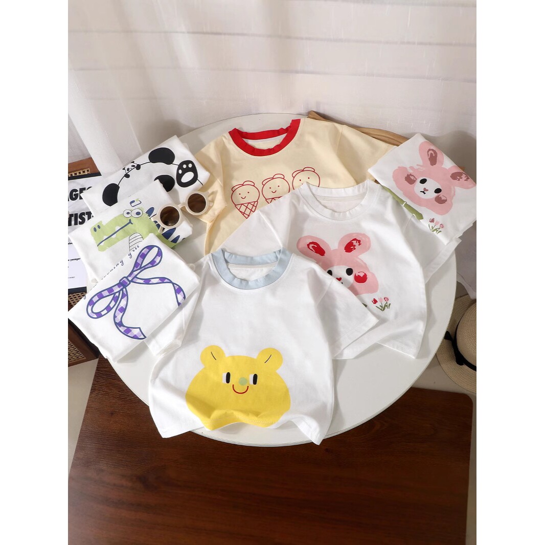 宝宝薄款卡通风夏季纯棉圆领T恤衫儿童套头短袖全棉女宝半袖小童