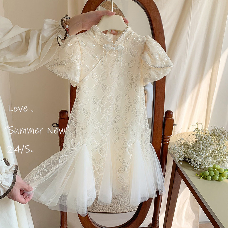 女童鱼尾裙旗袍连衣裙2026夏季儿童小女孩亮片新中式盘扣公主纱裙