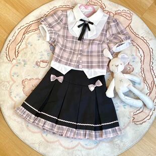 女童韩系jk制服学院风套装撞色假两件格子衬衫上衣百褶裙两件套