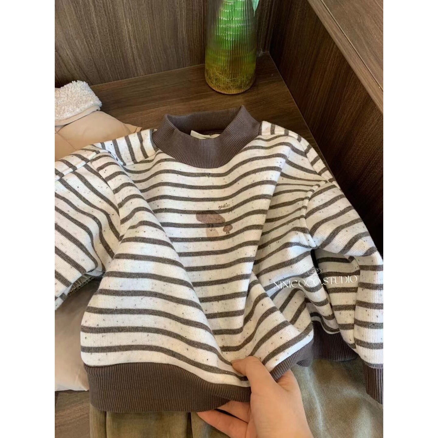 男童加绒卫衣2026秋冬新款韩系中小童儿童装条纹印花套头长袖上衣