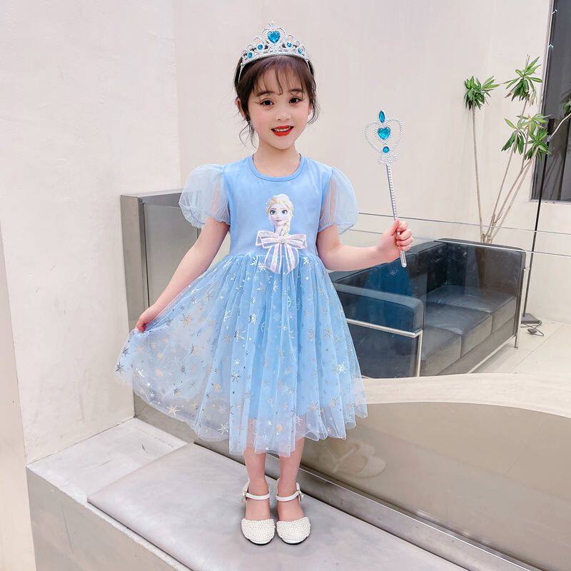 纯棉女童爱莎公主裙夏季新款中小童冰雪奇缘甜美蓬蓬裙网纱袖子