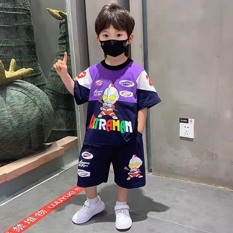 男孩奥特曼撞色拼接短袖夏季帅气两件套中小童洋气套装T恤潮夏装