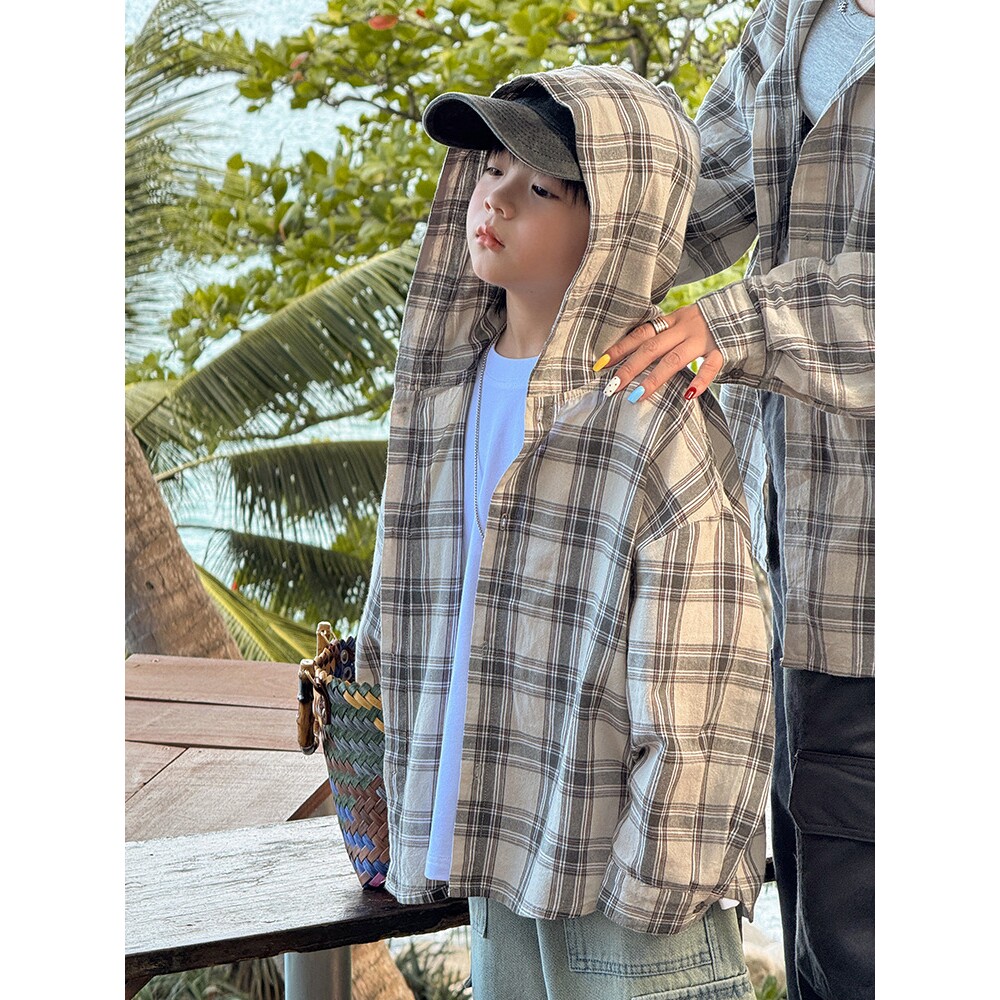 童装男童连帽格子衬衫2026春季新款儿童休闲外套大童春秋长袖衣服