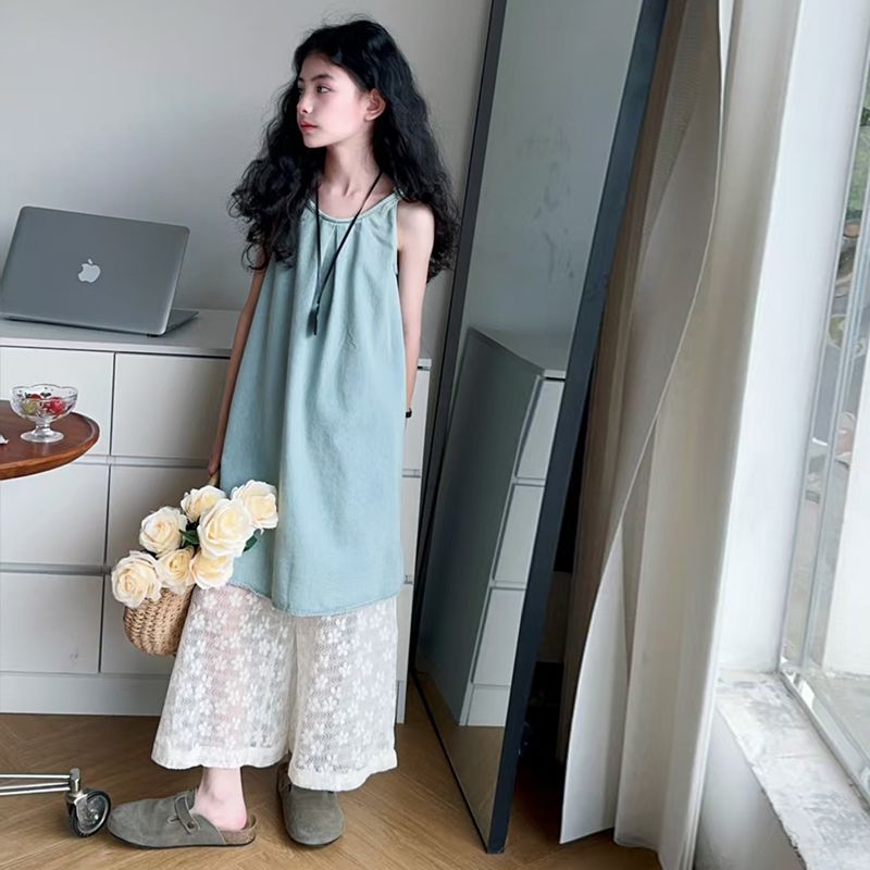 吊带裙女童连衣裙夏季无袖裙子套装儿童洋气蕾丝裤女大童时尚夏装