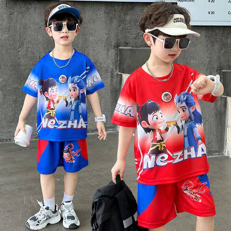 夏季短袖套装2026小哪吒新款宝宝夏装衣服运动男童奥特曼儿童速干