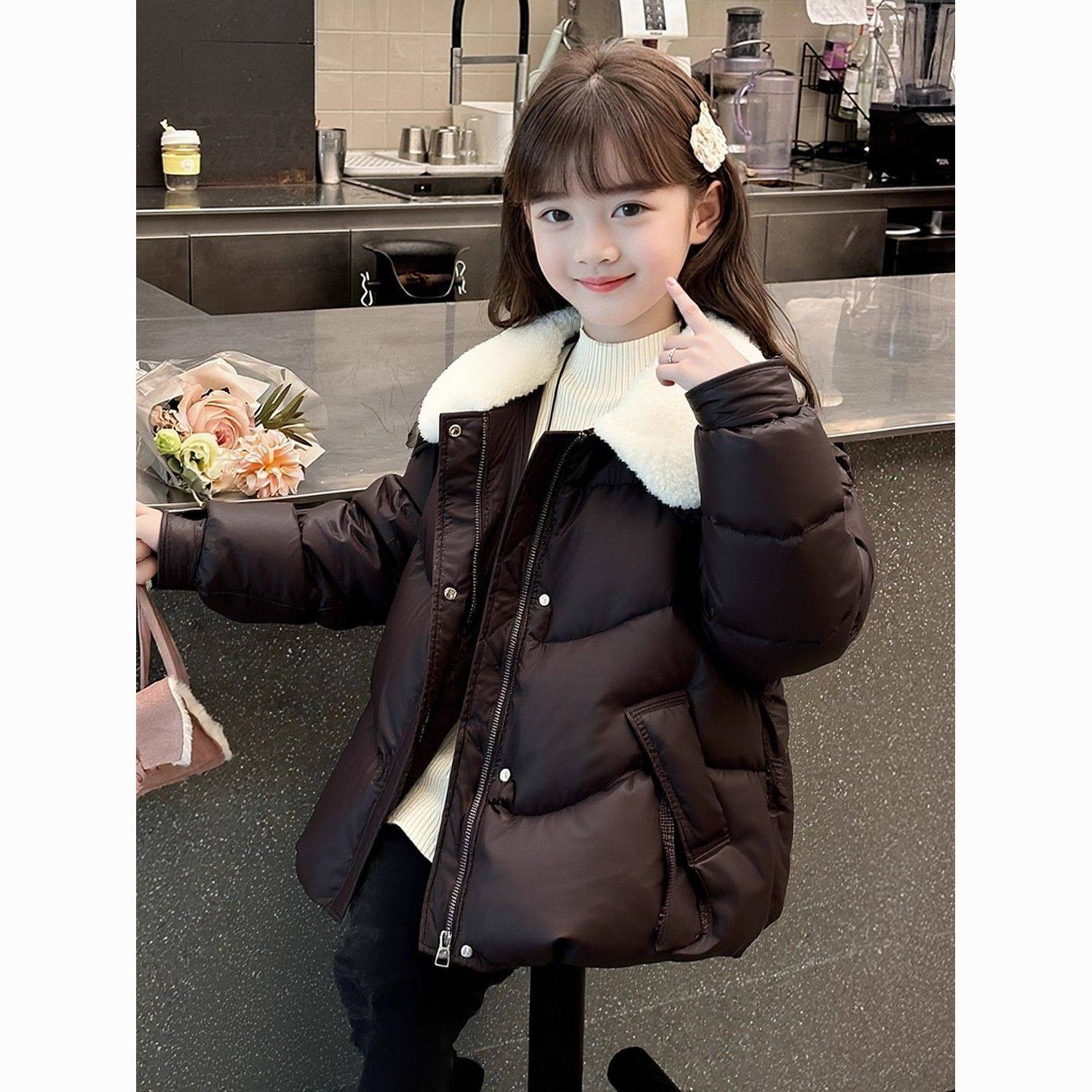 女童冬季毛领水貂皮棉服2026新款中大童加厚保暖羽绒棉棉衣面包服