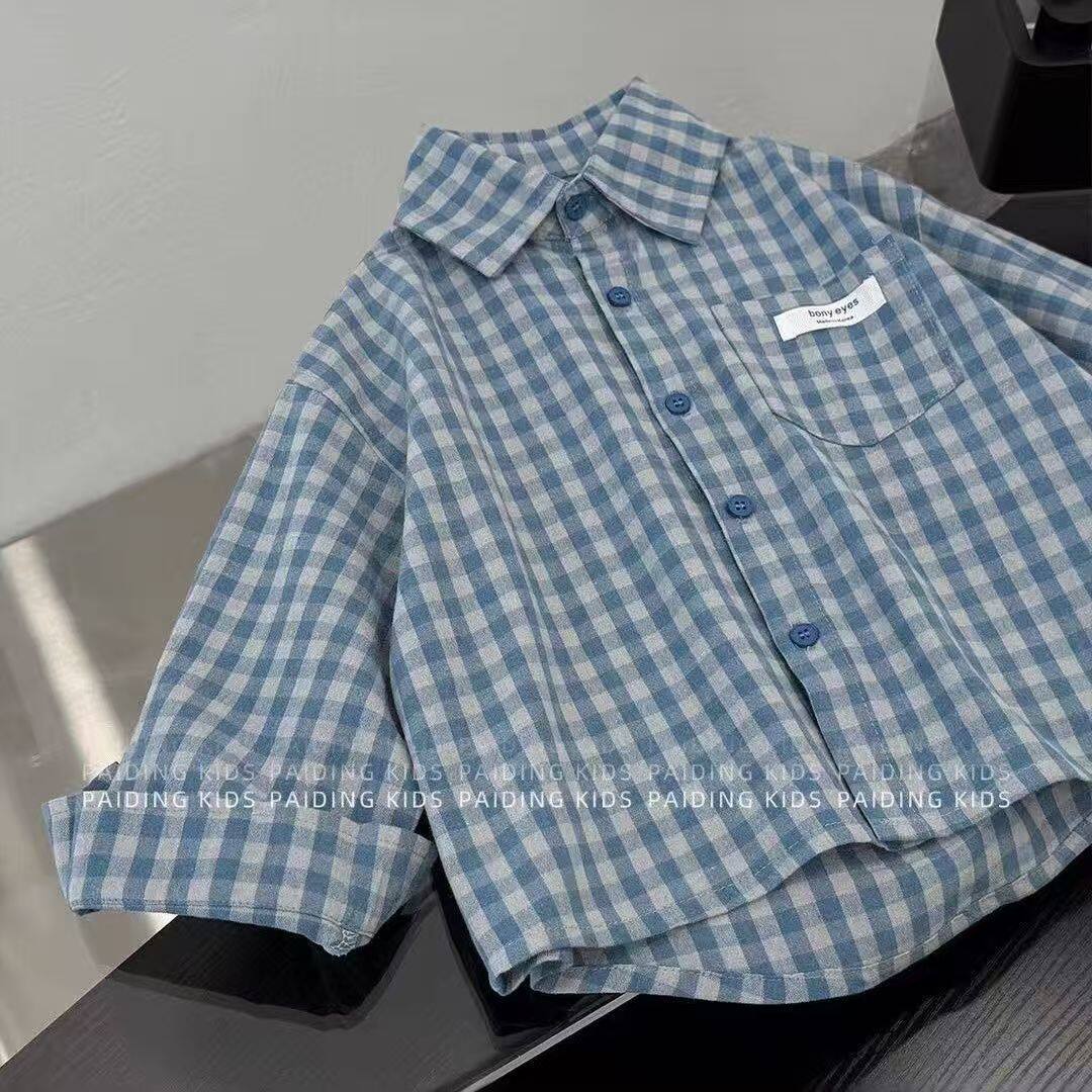 儿童纯棉衬衣翻领格子衬衫春秋韩版休闲衬衣男童复古时尚长袖上衣