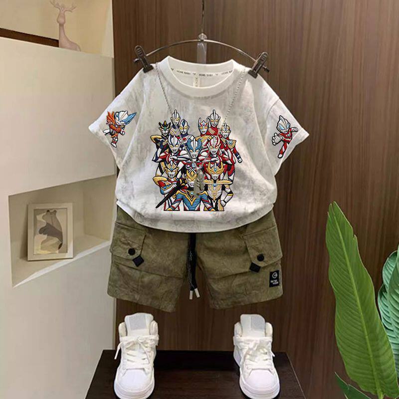 儿童套装扎染短袖夏季卡通奥特曼男童痞帅宝宝裤子洋气T恤两件套